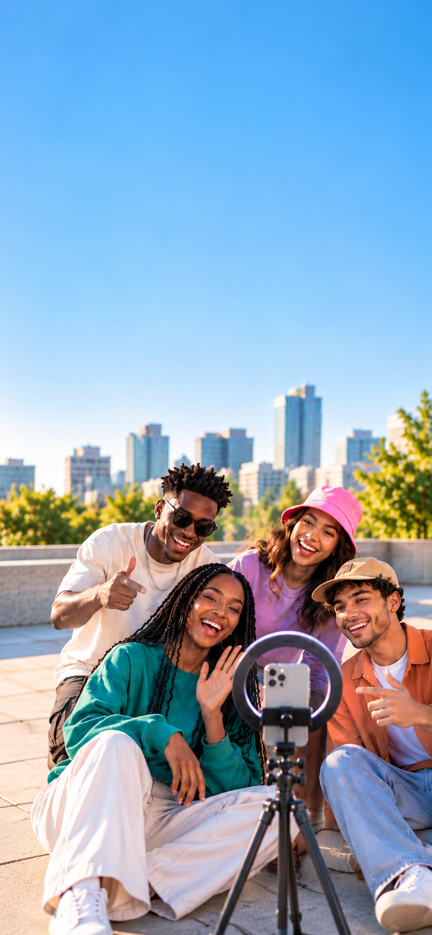 Content creators filming a video together on a smartphone ring light