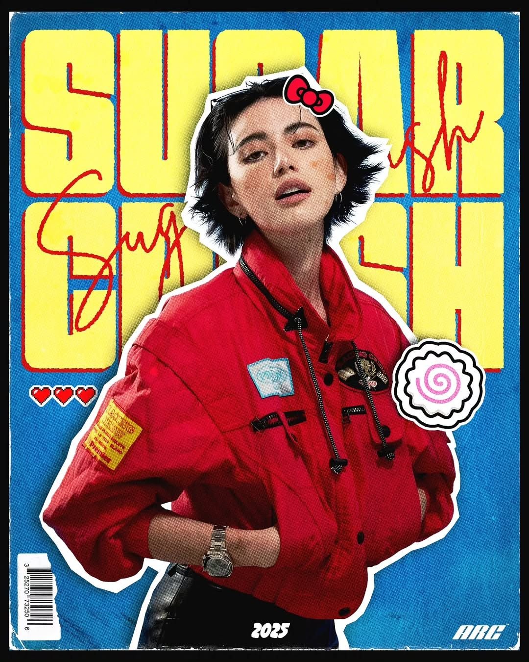 Magazine-style campaign cover featuring a creator in a red jacket